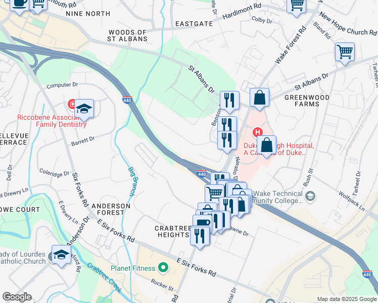 map of restaurants, bars, coffee shops, grocery stores, and more near 1032 Navaho Drive in Raleigh