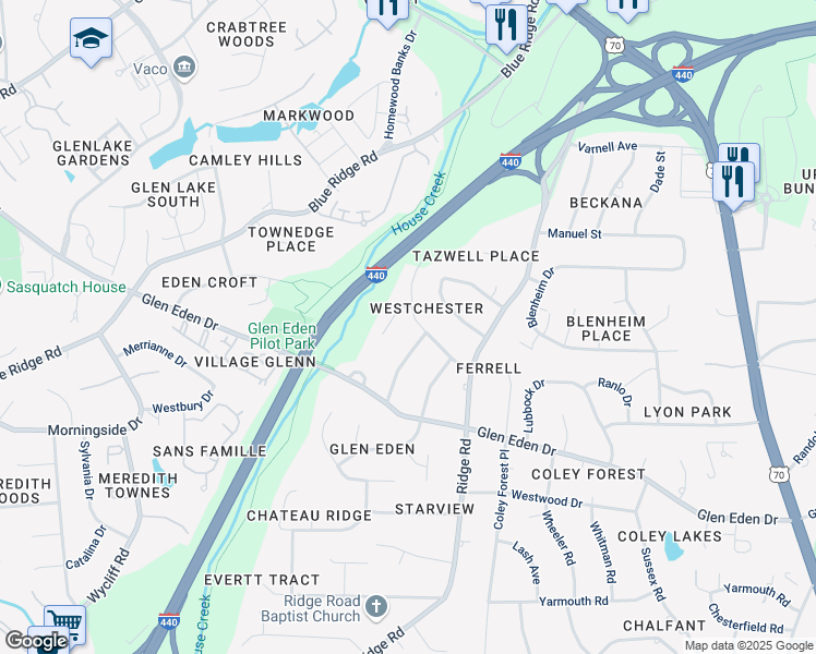 map of restaurants, bars, coffee shops, grocery stores, and more near 1305 Westmoreland Drive in Raleigh