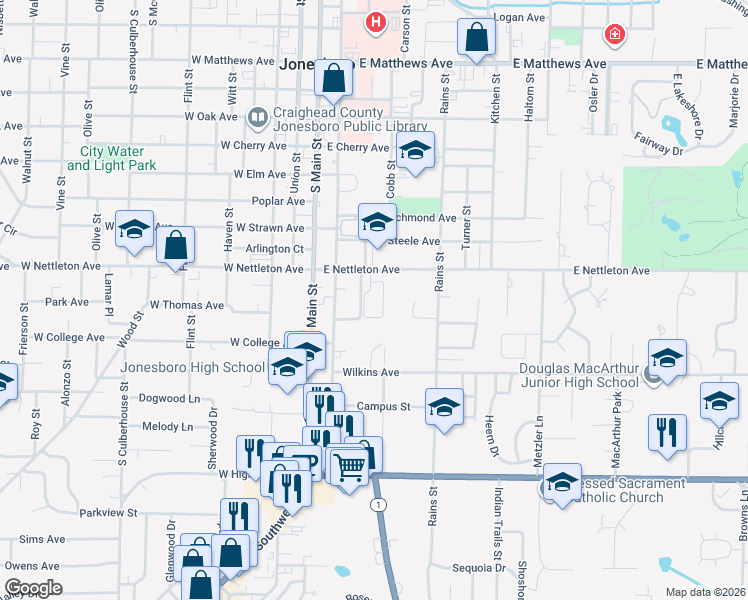 map of restaurants, bars, coffee shops, grocery stores, and more near 315 East Nettleton Avenue in Jonesboro