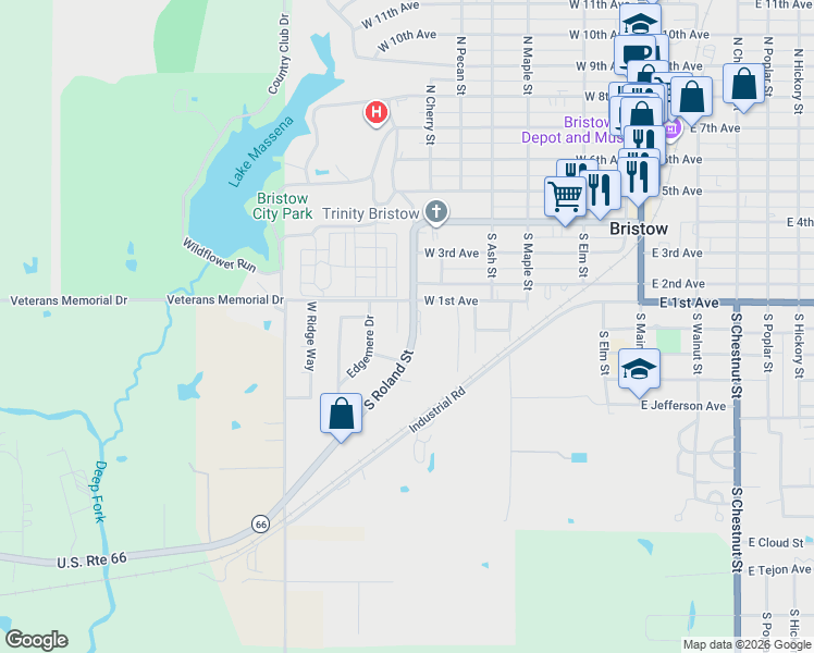 map of restaurants, bars, coffee shops, grocery stores, and more near 616 South Roland Street in Bristow