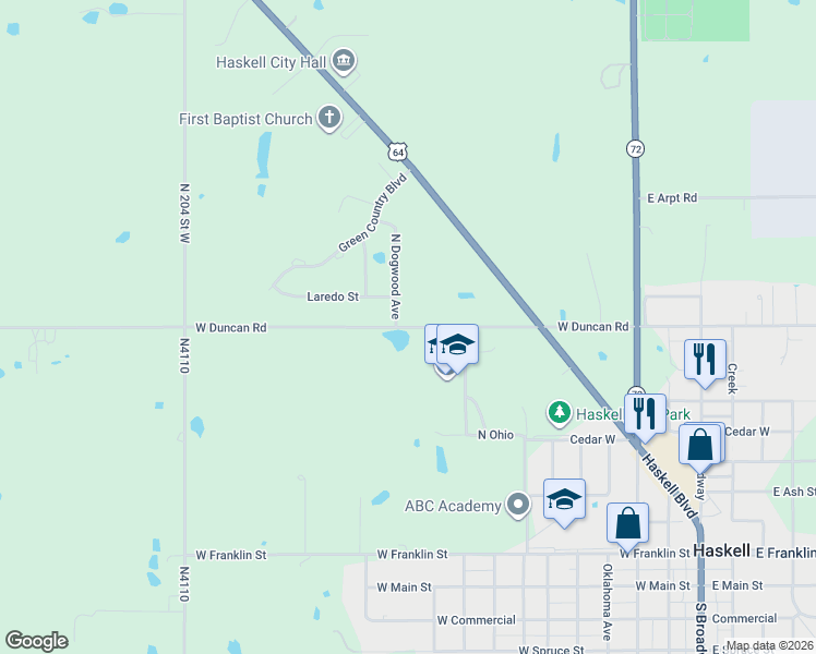 map of restaurants, bars, coffee shops, grocery stores, and more near 1110 Dogwood in Haskell