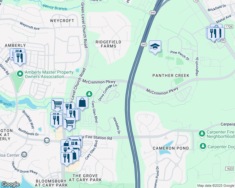 map of restaurants, bars, coffee shops, grocery stores, and more near 3012 Summerhouse Road in Cary