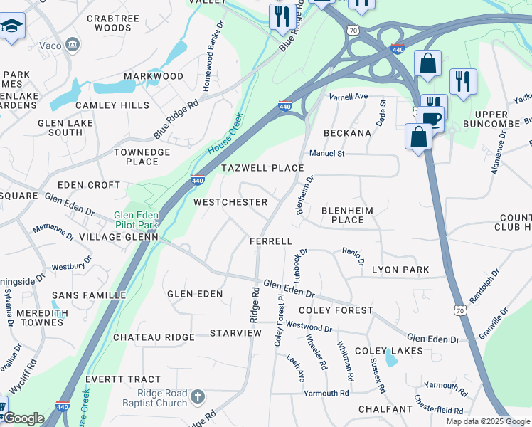 map of restaurants, bars, coffee shops, grocery stores, and more near 2601 Ridge Road in Raleigh