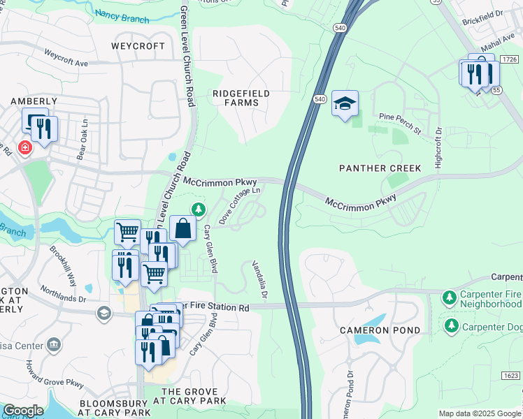 map of restaurants, bars, coffee shops, grocery stores, and more near 3012 Summerhouse Road in Cary