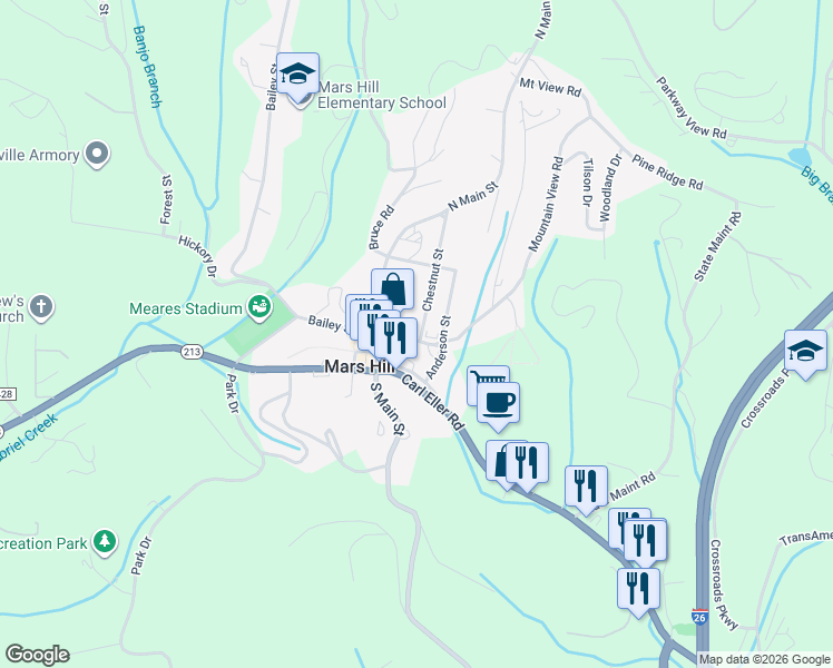 map of restaurants, bars, coffee shops, grocery stores, and more near 109 Mountain View Road in Mars Hill