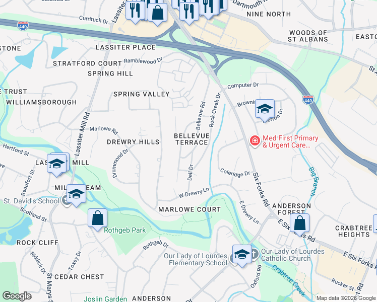 map of restaurants, bars, coffee shops, grocery stores, and more near 3408 Dell Drive in Raleigh