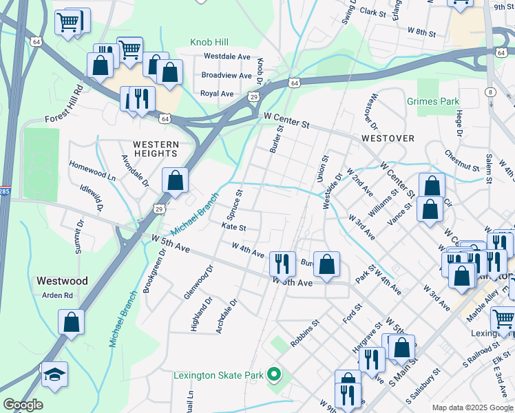 map of restaurants, bars, coffee shops, grocery stores, and more near 718 Manhattan Drive in Lexington