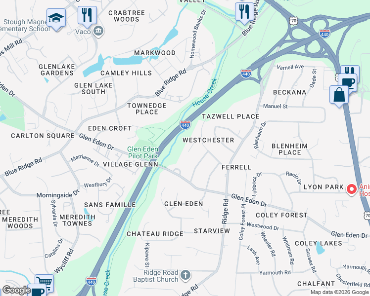 map of restaurants, bars, coffee shops, grocery stores, and more near 2405 Rockridge Court in Raleigh
