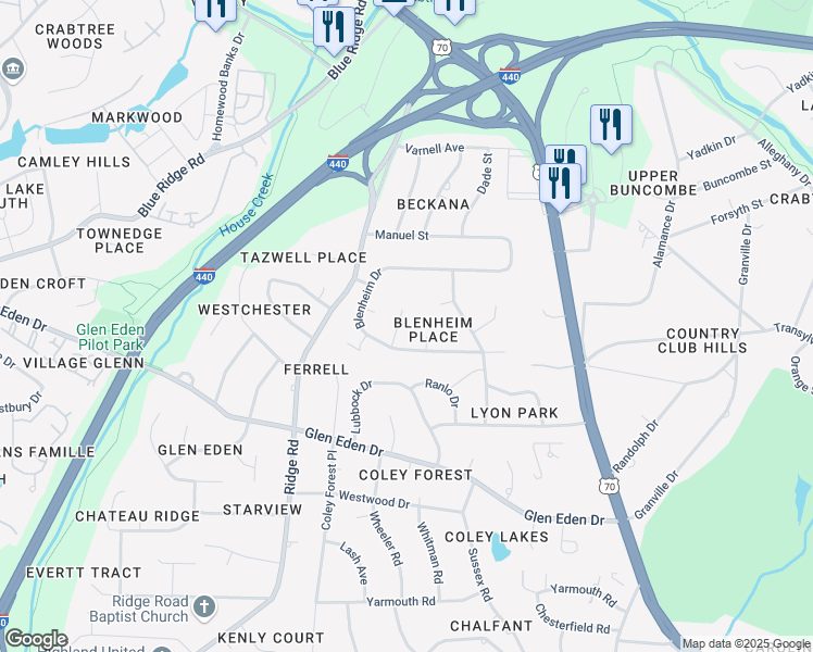 map of restaurants, bars, coffee shops, grocery stores, and more near 3308 Marblehead Lane in Raleigh