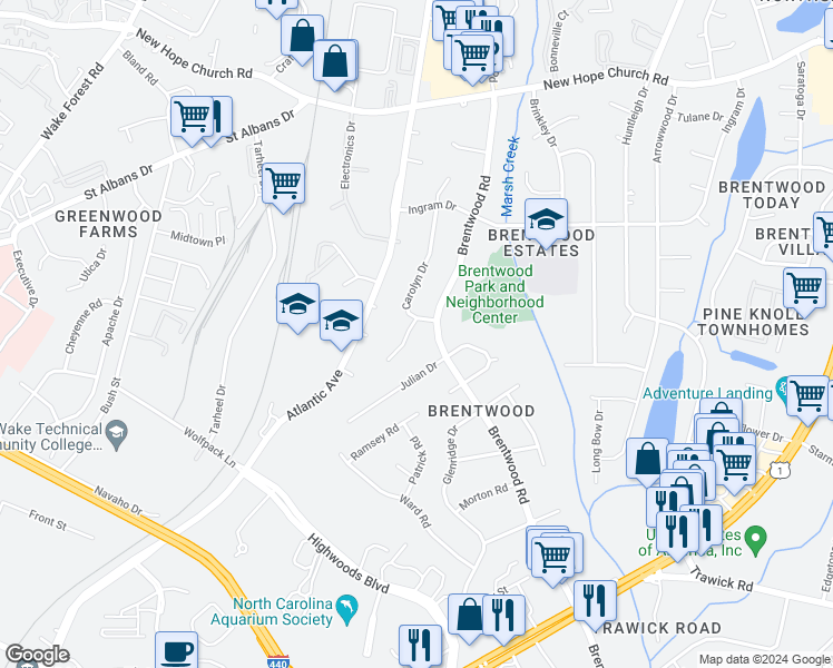 map of restaurants, bars, coffee shops, grocery stores, and more near 3332 Ashby Place in Raleigh