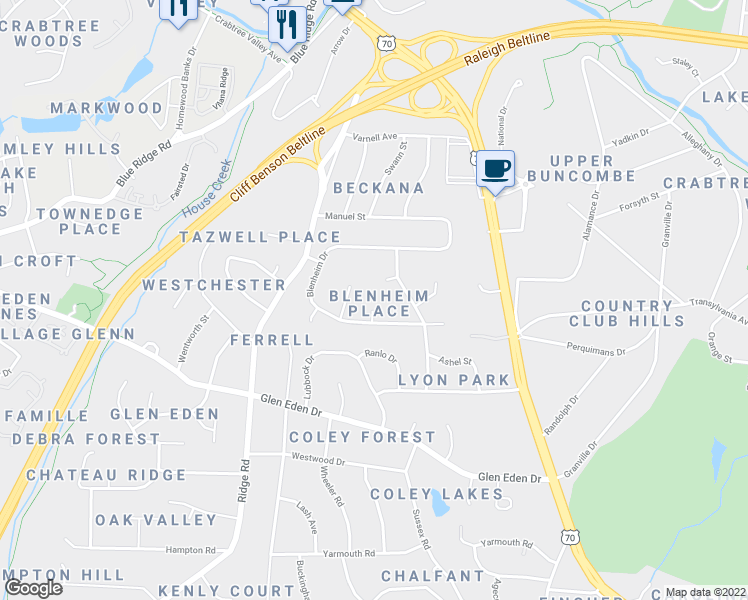 map of restaurants, bars, coffee shops, grocery stores, and more near 3308 Barnstable Court in Raleigh