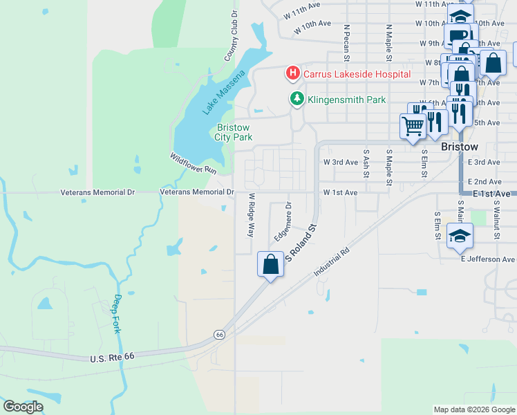 map of restaurants, bars, coffee shops, grocery stores, and more near 7 W Ridge Way in Bristow