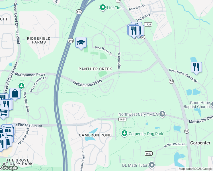 map of restaurants, bars, coffee shops, grocery stores, and more near 314 Poplar Leaf Way in Cary