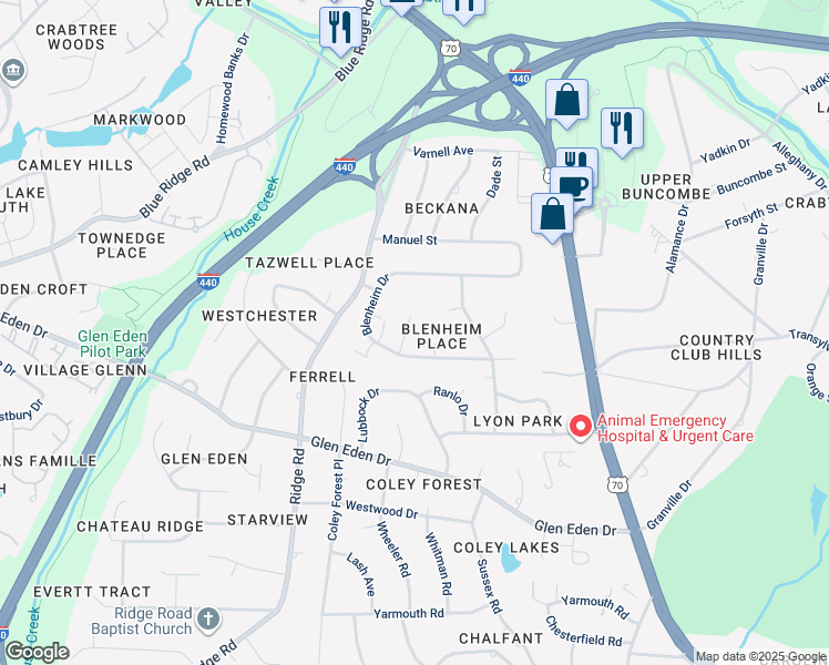 map of restaurants, bars, coffee shops, grocery stores, and more near 3308 Marblehead Lane in Raleigh