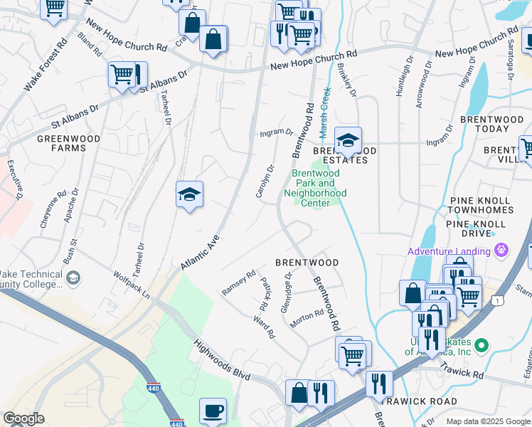 map of restaurants, bars, coffee shops, grocery stores, and more near 3332 Ashby Place in Raleigh