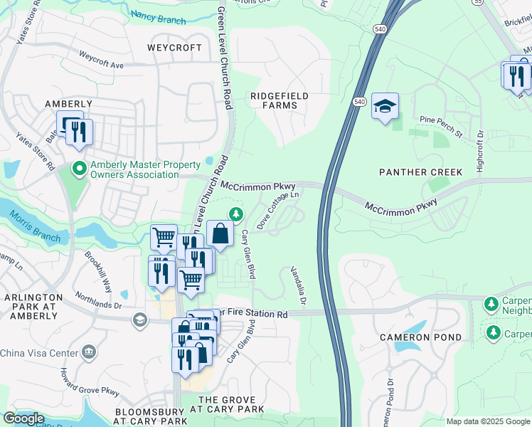 map of restaurants, bars, coffee shops, grocery stores, and more near 141 Dove Cottage Lane in Cary