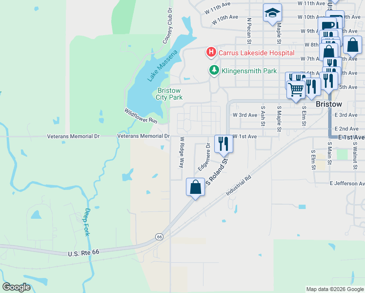 map of restaurants, bars, coffee shops, grocery stores, and more near 7 West Ridge Way in Bristow