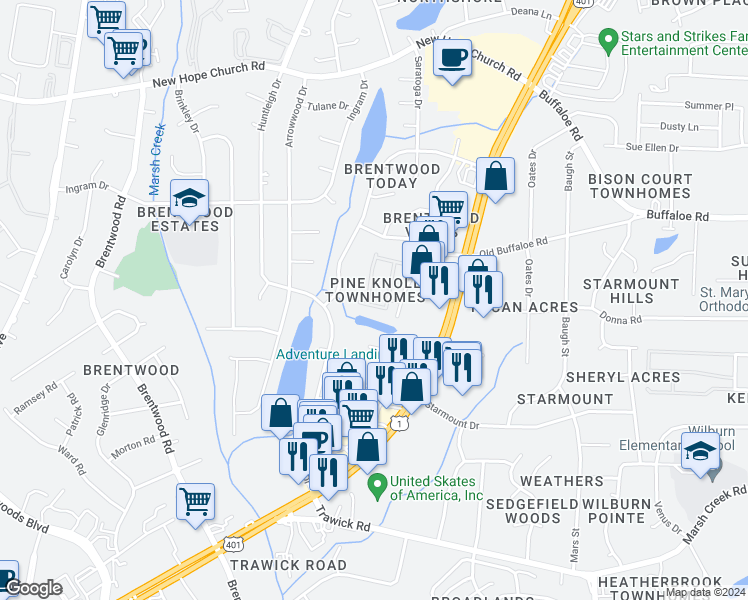 map of restaurants, bars, coffee shops, grocery stores, and more near 3504 Londonville Lane in Raleigh