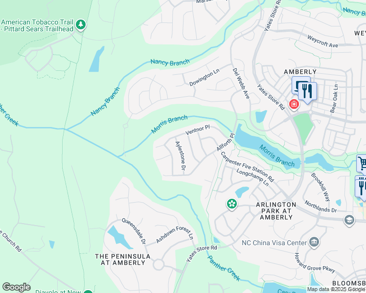 map of restaurants, bars, coffee shops, grocery stores, and more near 624 Aylestone Drive in Cary