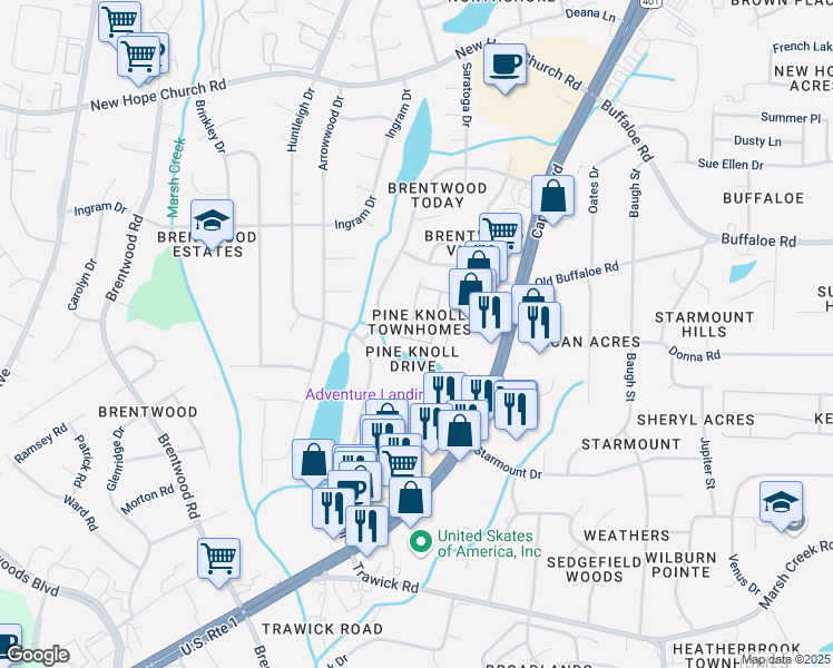 map of restaurants, bars, coffee shops, grocery stores, and more near 3504 Londonville Lane in Raleigh