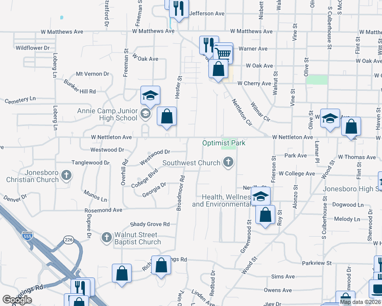 map of restaurants, bars, coffee shops, grocery stores, and more near 1500 Broadmoor Rd in Jonesboro