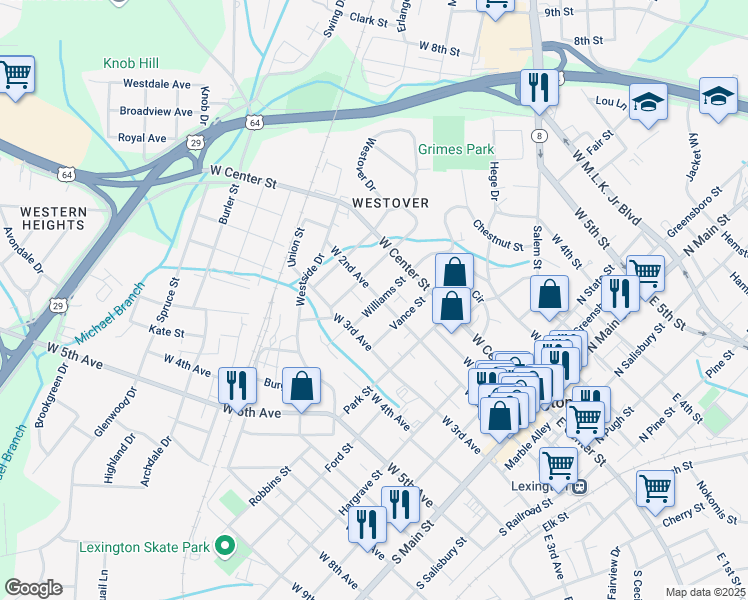 map of restaurants, bars, coffee shops, grocery stores, and more near 501 West 2nd Avenue in Lexington