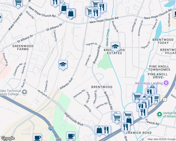 map of restaurants, bars, coffee shops, grocery stores, and more near 3409 Brentwood Road in Raleigh