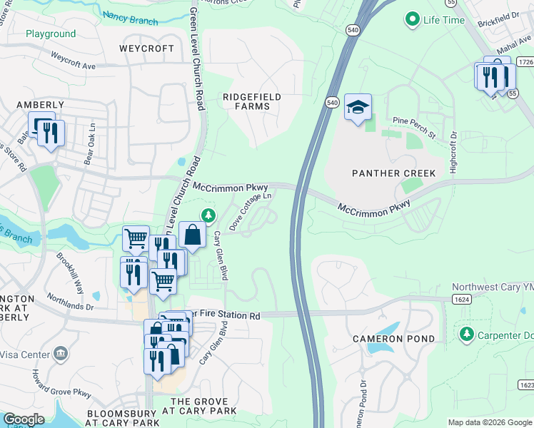 map of restaurants, bars, coffee shops, grocery stores, and more near 3003 Summerhouse Road in Cary
