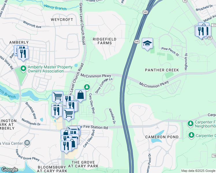 map of restaurants, bars, coffee shops, grocery stores, and more near 3003 Summerhouse Road in Cary