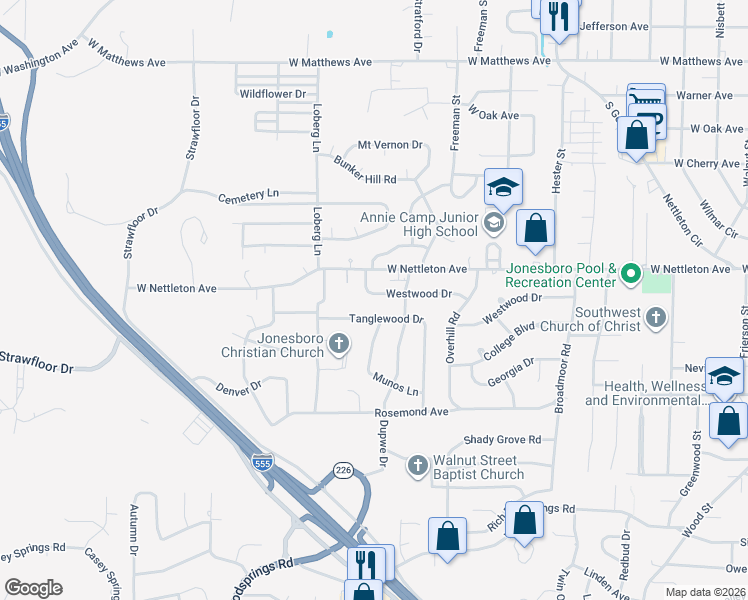 map of restaurants, bars, coffee shops, grocery stores, and more near 2007 Westwood Drive in Jonesboro