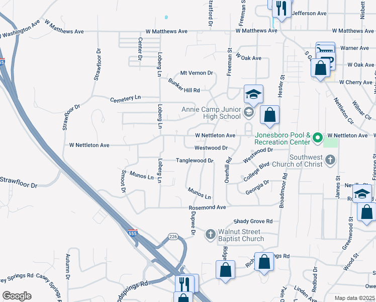 map of restaurants, bars, coffee shops, grocery stores, and more near 2007 Westwood Drive in Jonesboro