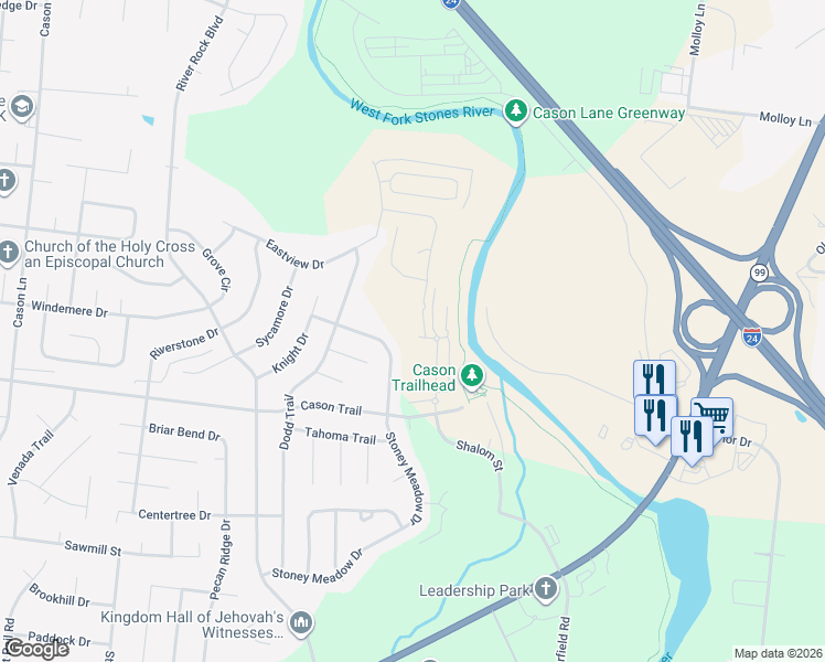 map of restaurants, bars, coffee shops, grocery stores, and more near 1917 Stoney Meadow Drive in Murfreesboro