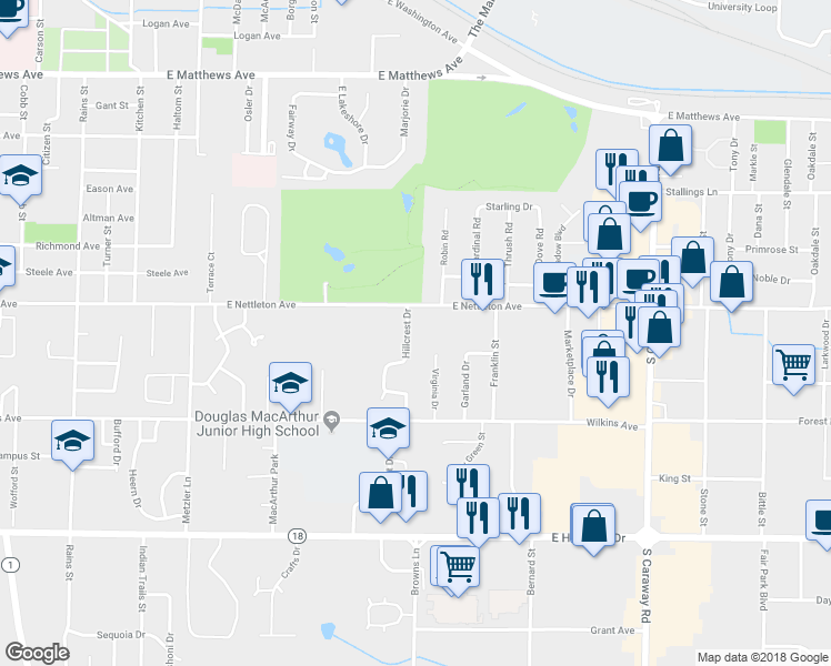 map of restaurants, bars, coffee shops, grocery stores, and more near 1404 Hillcrest Drive in Jonesboro