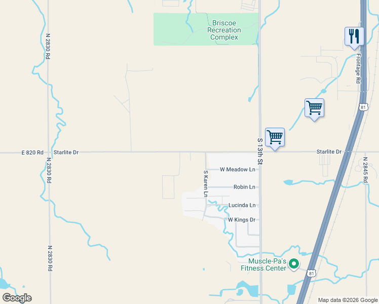 map of restaurants, bars, coffee shops, grocery stores, and more near 1105 Starlite Drive in Kingfisher