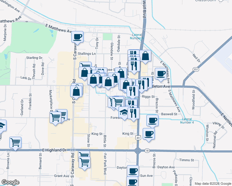 map of restaurants, bars, coffee shops, grocery stores, and more near 2725 East Nettleton Avenue in Jonesboro