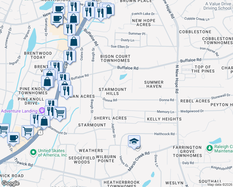 map of restaurants, bars, coffee shops, grocery stores, and more near 3504 Rigel Court in Raleigh