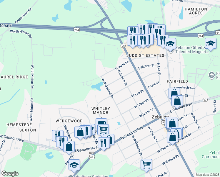 map of restaurants, bars, coffee shops, grocery stores, and more near 805 North Wakefield Street in Zebulon