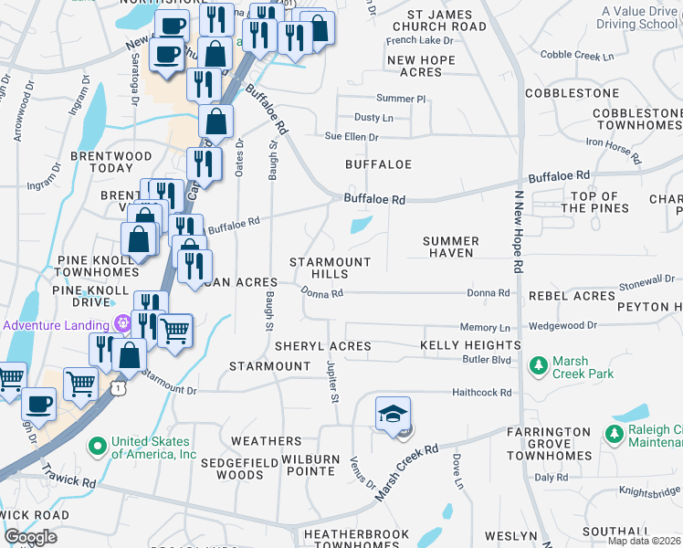 map of restaurants, bars, coffee shops, grocery stores, and more near 3504 Rigel Court in Raleigh