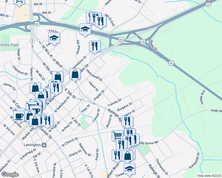 map of restaurants, bars, coffee shops, grocery stores, and more near 222 Hemstead Street in Lexington