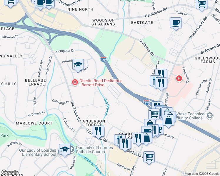 map of restaurants, bars, coffee shops, grocery stores, and more near 847 Wake Towne Drive in Raleigh