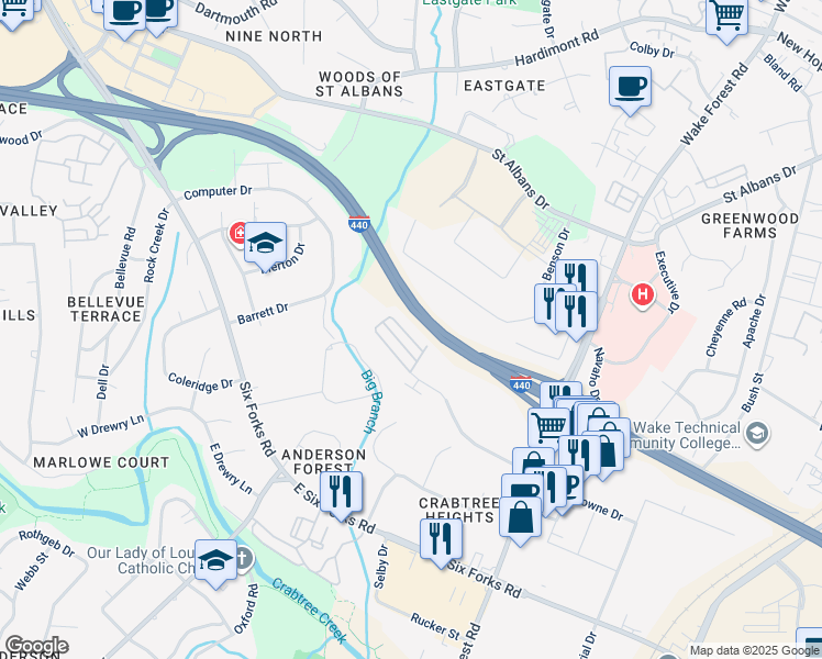 map of restaurants, bars, coffee shops, grocery stores, and more near 821 Bankston Woods Way in Raleigh