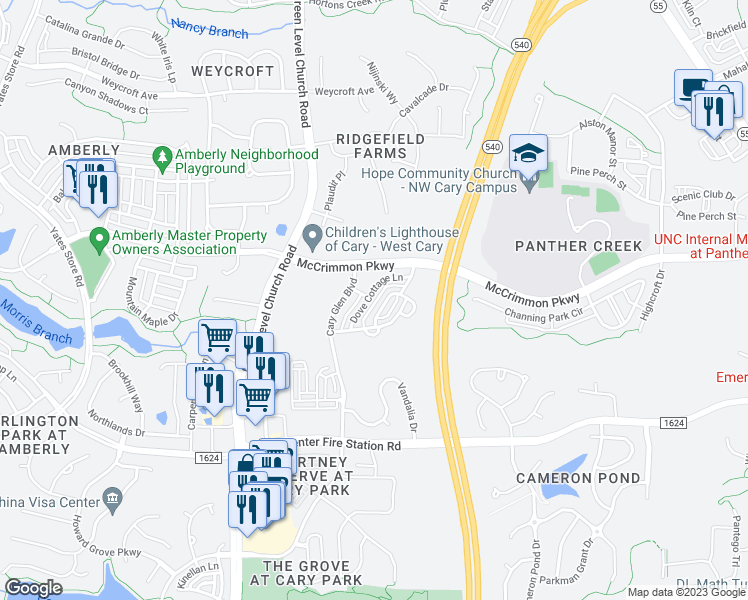 map of restaurants, bars, coffee shops, grocery stores, and more near 156 Dove Cottage Lane in Cary