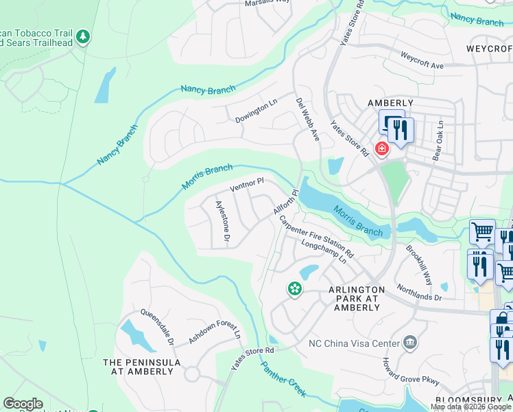 map of restaurants, bars, coffee shops, grocery stores, and more near 710 Birstall Drive in Cary
