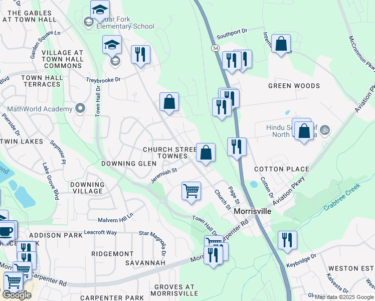 map of restaurants, bars, coffee shops, grocery stores, and more near 440 Church Street in Morrisville