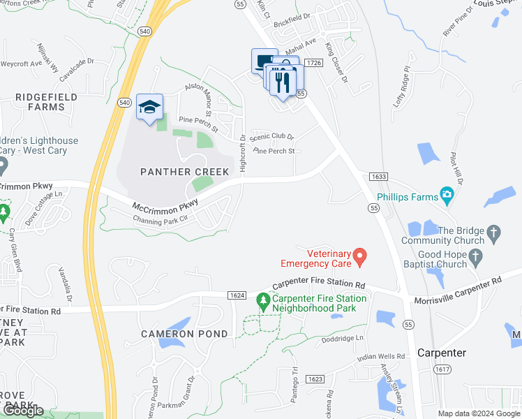 map of restaurants, bars, coffee shops, grocery stores, and more near 18303 Foresight Drive in Cary