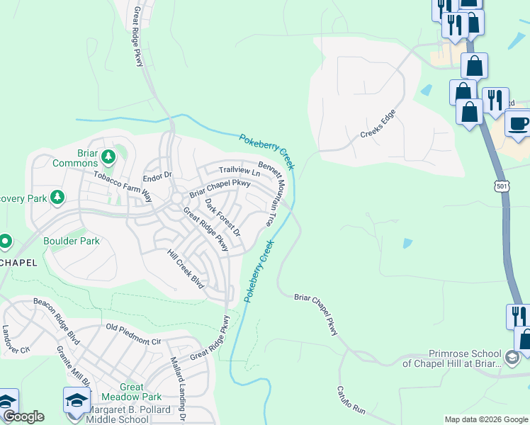 map of restaurants, bars, coffee shops, grocery stores, and more near 136 Bennett Road in Chapel Hill