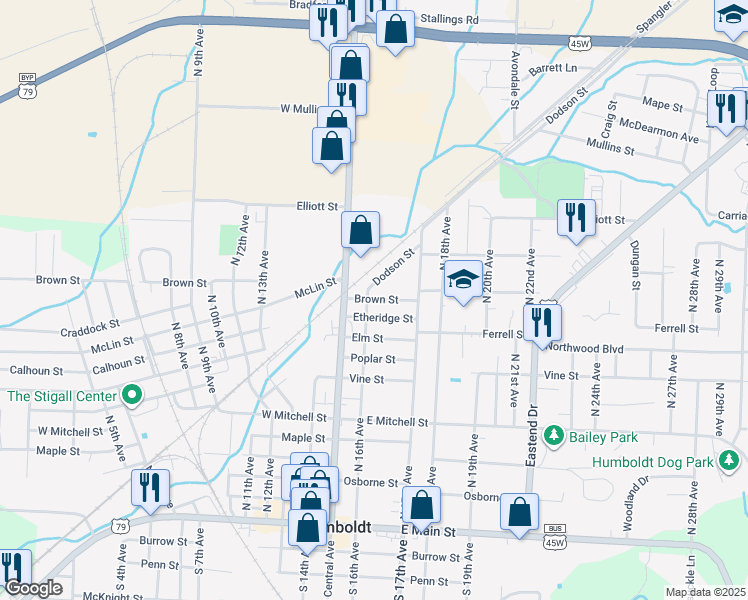 map of restaurants, bars, coffee shops, grocery stores, and more near 1615 Etheridge Street in Humboldt