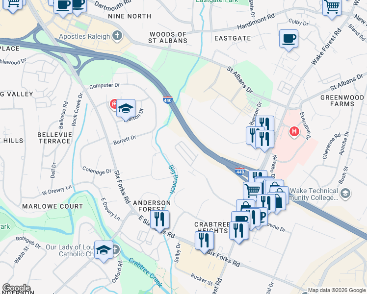 map of restaurants, bars, coffee shops, grocery stores, and more near 808 Bankston Woods Way in Raleigh