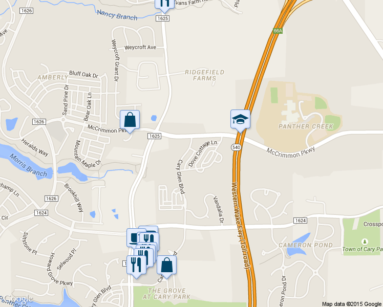 map of restaurants, bars, coffee shops, grocery stores, and more near 3819 Cary Glen Boulevard in Cary