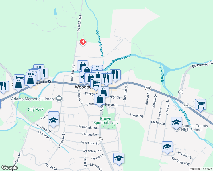 map of restaurants, bars, coffee shops, grocery stores, and more near 106 East Main Street in Woodbury